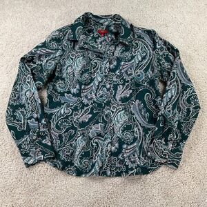 Talbots Haberdashery Womens 8P Petite Teal Green Paisley Button Down Blouse